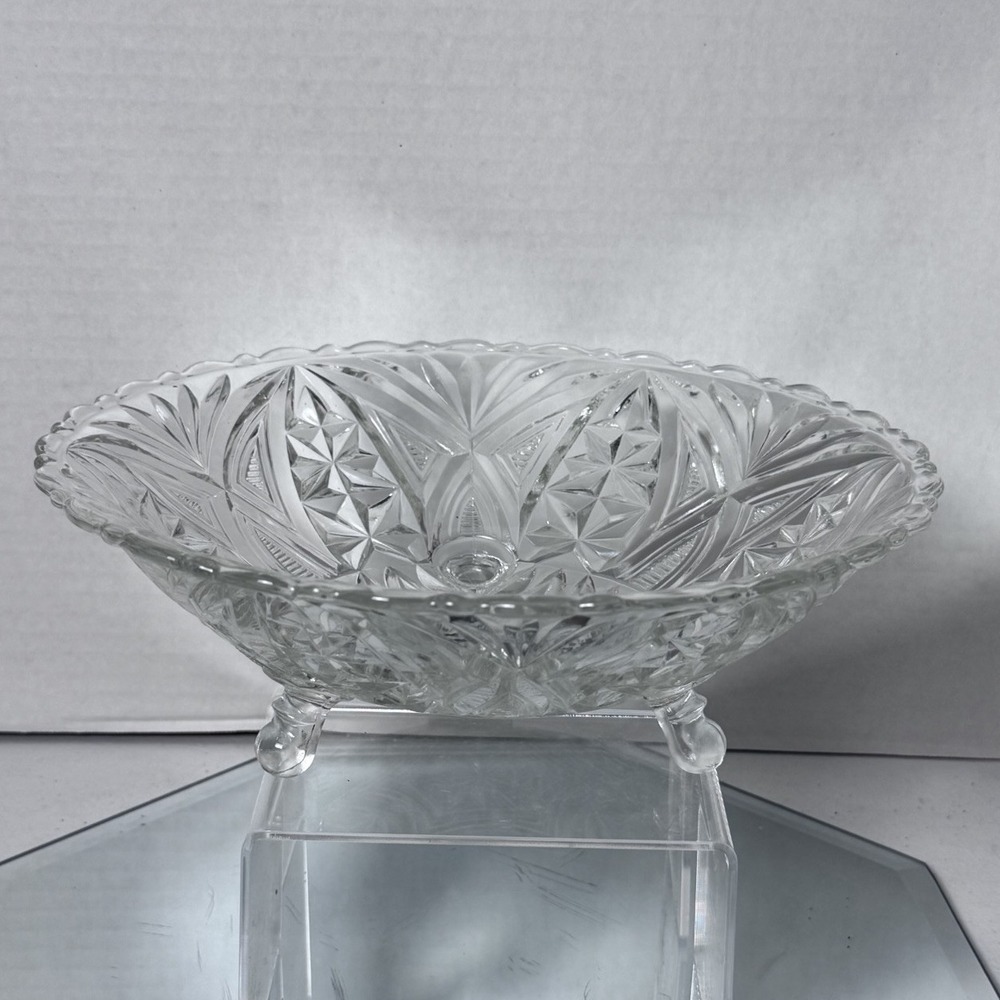 Vintage Anchor Hocking Clear Pressed Glass Tri-footed Serving Bowl